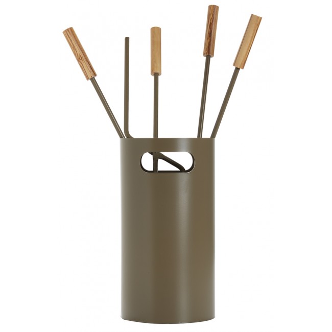 Ζωγομετάλ σετ εργαλείων τζακιού σε κουβά K32-1240 ξύλο ελιάς - καφέ ελιάς